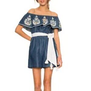 DESIGUAL Chambray Denim Embroidered Beaded Off the Shoulder Romper Playsuit L